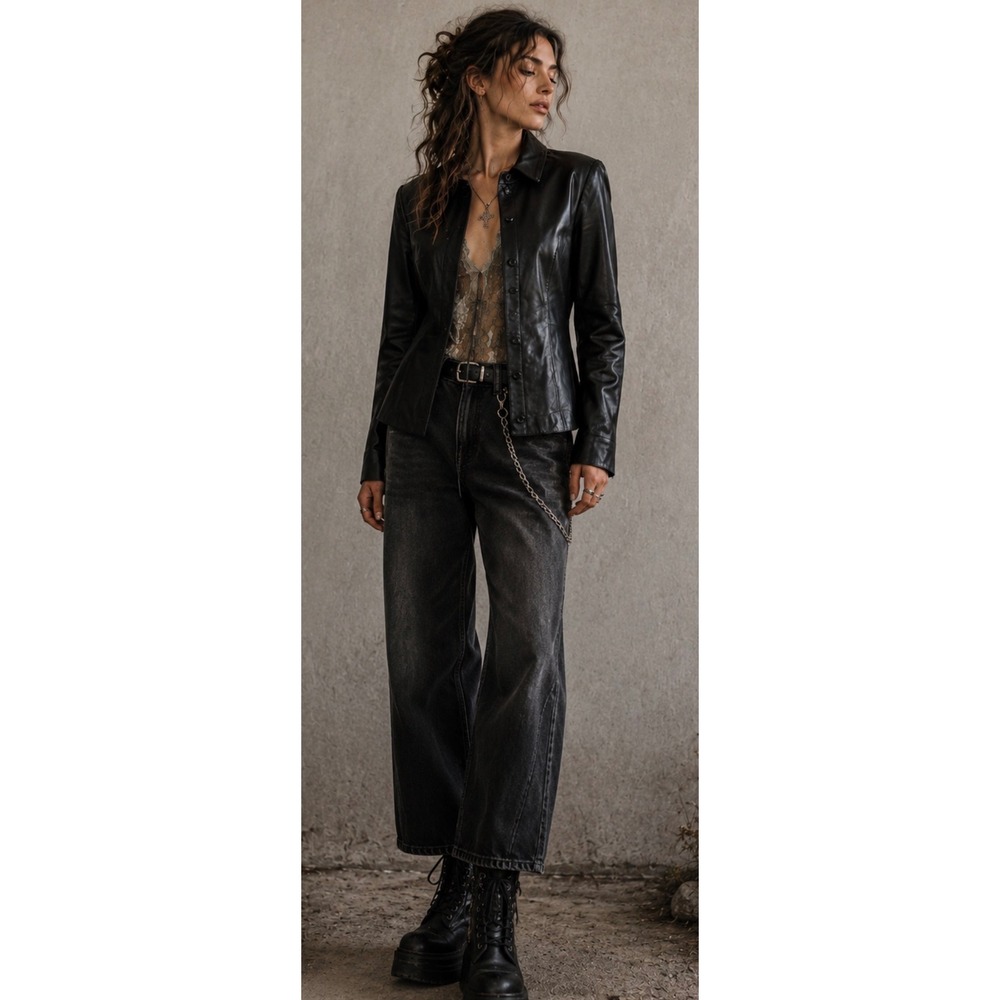 90's Vintage Cortefiel  Black Leather Button Up Shirt Small Grunge Minimalist
